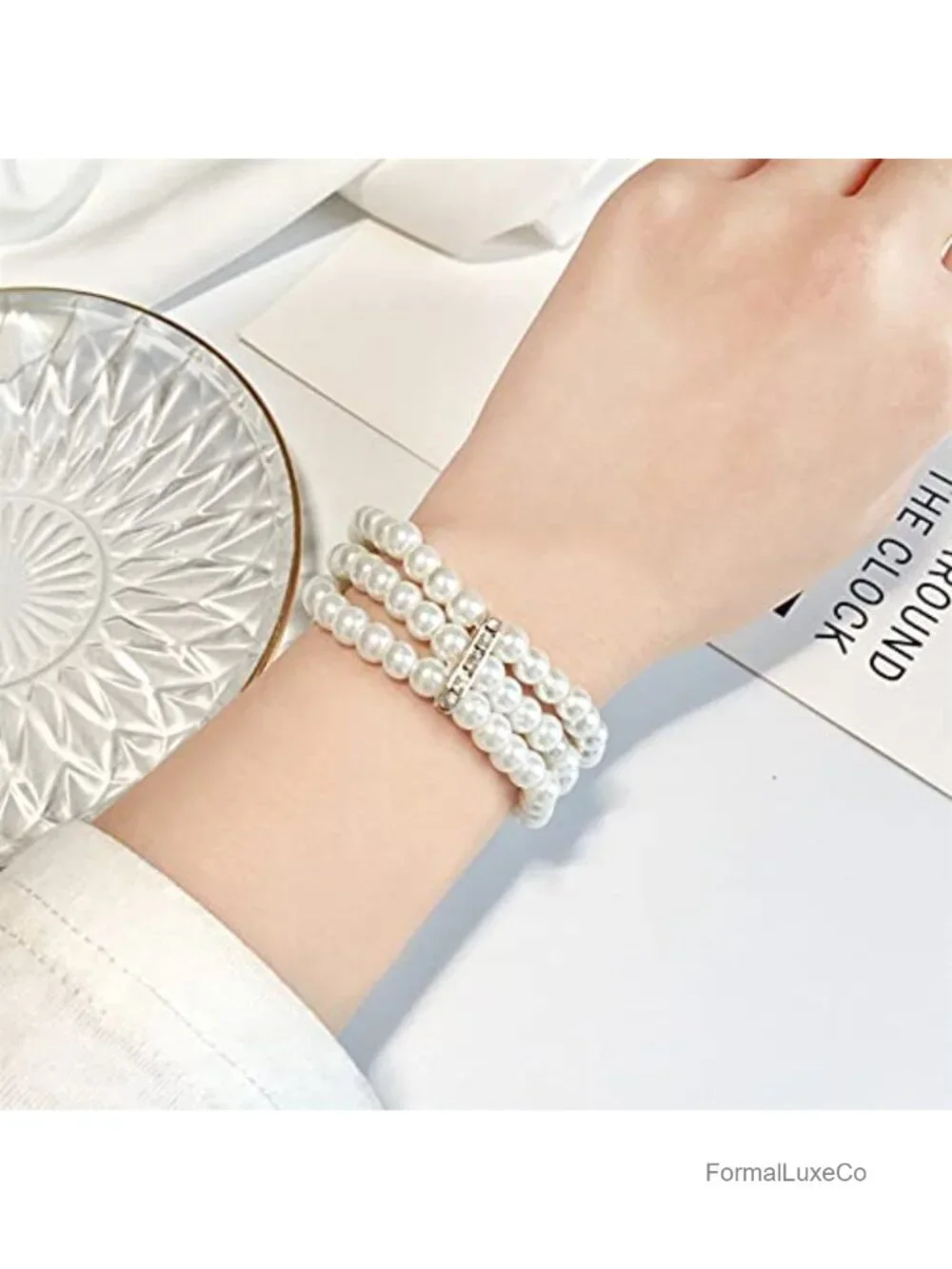 2pcs 3-Row Stretch Pearl Bracelet Multi-layered Elastic Bangle Bridal Wedding
